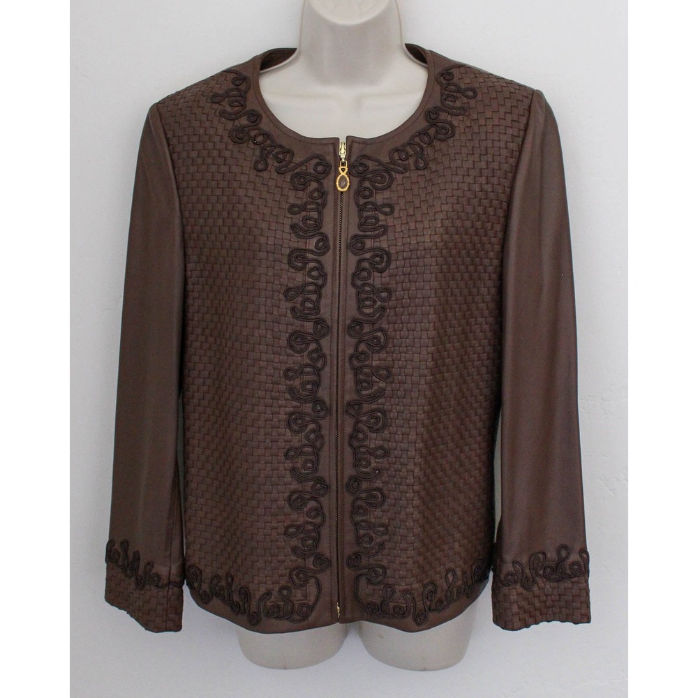 St. John Collection Jacket Size 8 Brown Lamb Leather Woven Soutache Full Zip